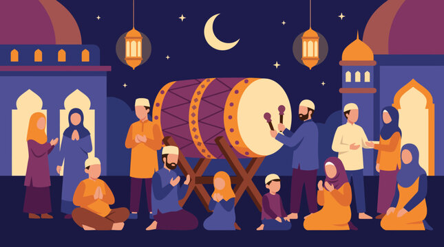 People gathered around a drum at night.