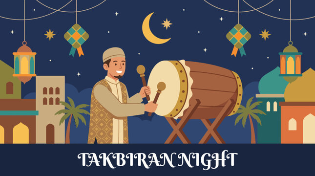 Takbiran Night with crescent moon and lanterns.
