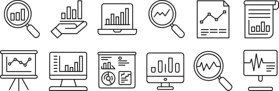 Collection of Line Art Icons Representing Data Analysis and Financial Charts graph statistics