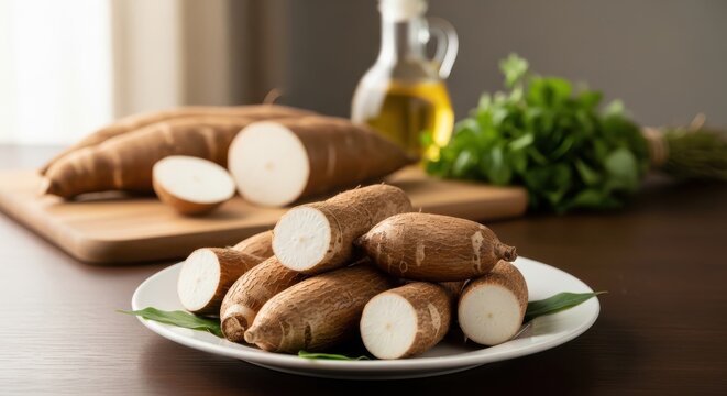 Fresh raw cassava roots on a white plate with a wooden board and oil in the background