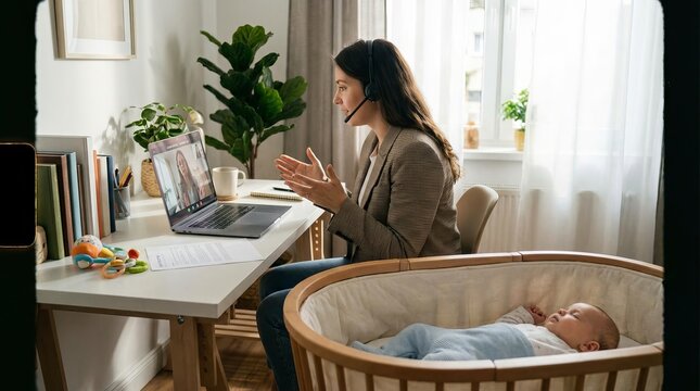 Woman working from home on laptop with baby sleeping in bassinet nearby