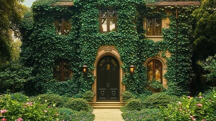 Fototapeta premium Enchanted ivy-covered two-story stone house with arched double door, glowing lanterns and lush flowering garden path, cozy serene evening atmosphere