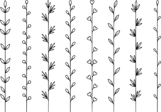 Botanical divider lines  collection, few basic leaves,  different leaves and flowers, vector style art.