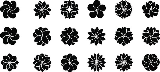 Black floral 20 flower symbols in three rows on white background, flowers © Graphic Shops
