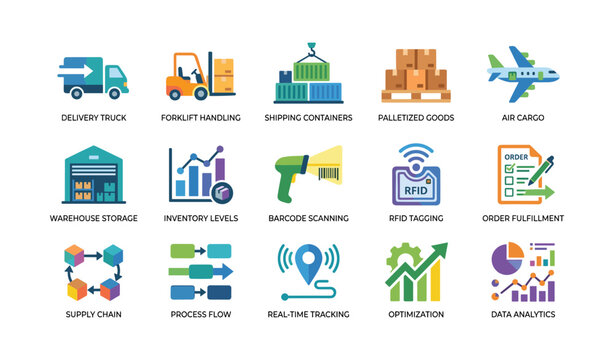 Logistics operations icons showing handling storage and tracking