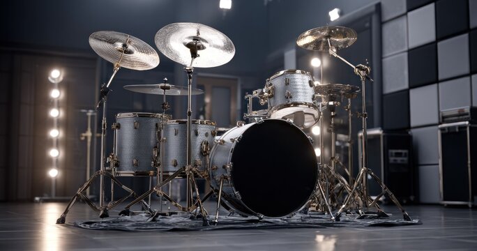 Professional drum set in recording studio with overhead lighting