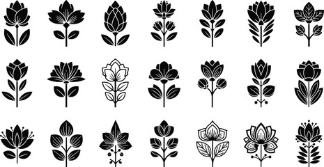 Black floral various flower silhouettes on white background, flowers © Graphic Shops