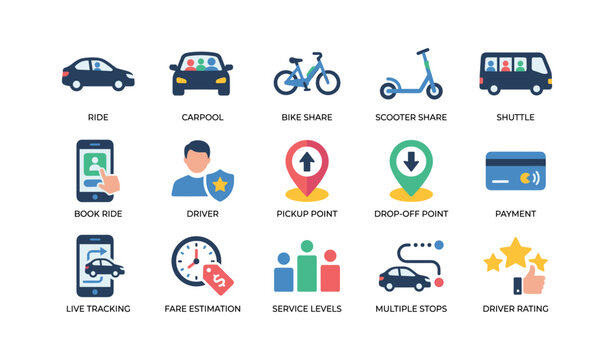 Ride sharing service icons showing options on white background