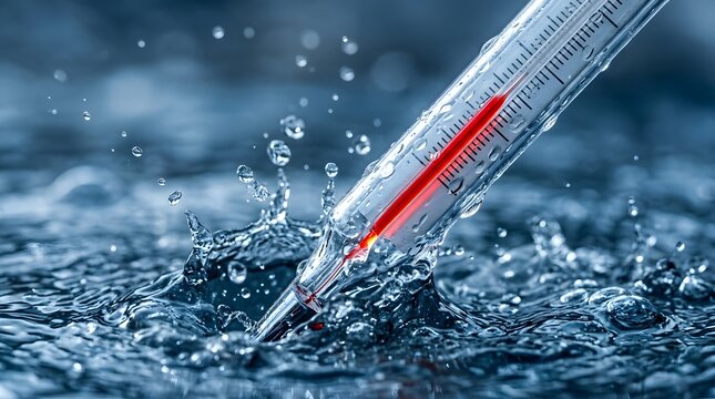 Thermometer in boiling water showing high temperature with splashes. Red liquid rising in glass tube during a science experiment. Concept of heat, boiling point, and thermal measurement