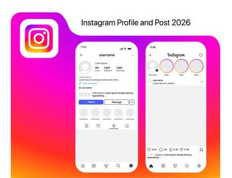 Instagram Profile and Post 2026. Instagram post template on Smartphone vector illustration. Perfect social media post frame illustration.
