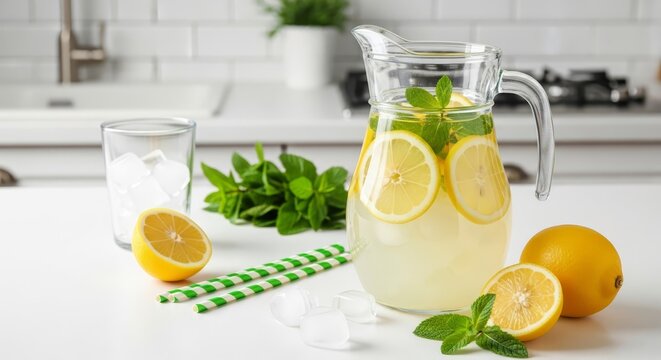 A refreshing pitcher of fresh lemonade with lemon slices and mint leaves prepared in a kitchen setting, perfect for summer refreshment.