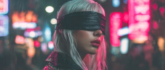 Fototapeta premium Woman with blindfold against blurred city lights for conceptual imagery