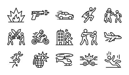 Action Movie Icons: Explosions, Heroes, Villains, Vehicles, and Danger Vector Set © Morshed