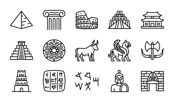Ancient Civilizations Icons Set: Pyramids, Colosseum, Maya, Greek Mythology, Hieroglyphs