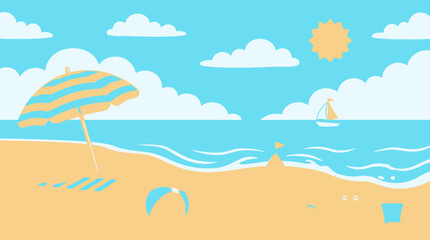 beach scene with striped umbrella and ocean view vector illustration © MD.RAHAT ISLAM