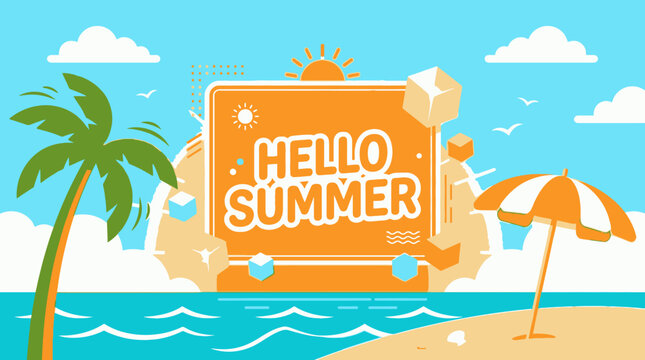 Summer greeting card with palm tree beach and sun illustration