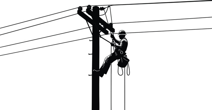 Silhouette of an electrician climbing a utility pole, working on power lines