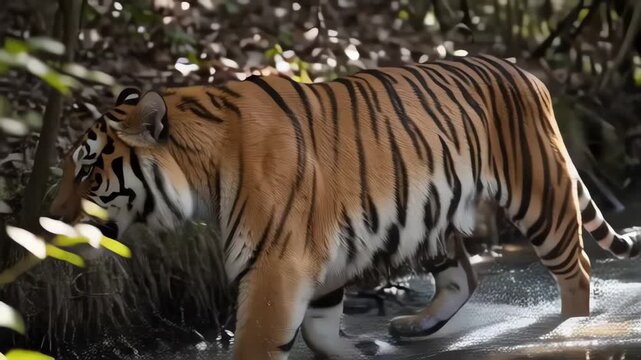 Majestic Tiger Wading Through Forest Stream in Daylight