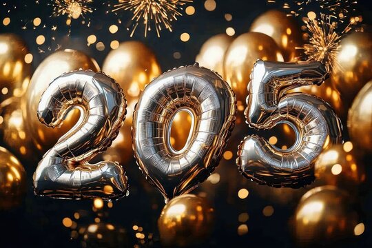 silver foil number balloons 205 surrounded by gold balloons, fireworks and sparkling bokeh lights creating a glamorous festive and joyful celebration scene