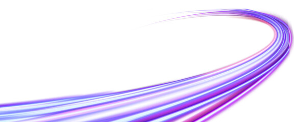 Abstract purple light trails creating a dynamic, glowing curve on a black background, representing concepts like speed, future technology, data transfer, digital energy, and fast communication © Vero Dibe
