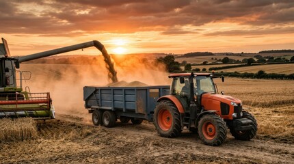Obraz premium A modern tractor and harvester working together in a vast field to collect grain, showcasing industrial machinery and efficient large-scale agricultural harvesting processes under a clear sky.