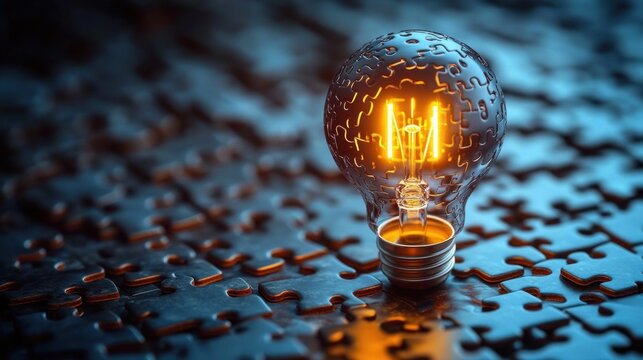 glowing filament light bulb resting on reflective metallic jigsaw puzzle pieces, warm orange illumination against cool blue background, evoking inspiration and discovery