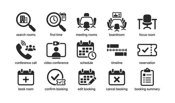 Meeting room booking icons arranged in monochrome grid on white