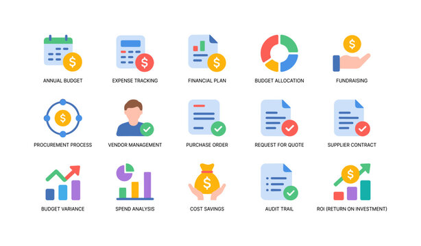 Financial procurement icons for budget and supplier workflows