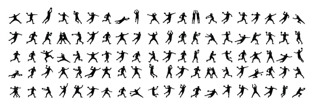 Handball Player Silhouette Icons Collection with Action Sports Poses Vector Set