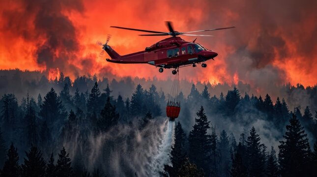 A specialised firefighting helicopter in flight over a densely forested area is dropping water from a suspended bucket to combat a forest fire, highlighting modern aerial suppression methods.