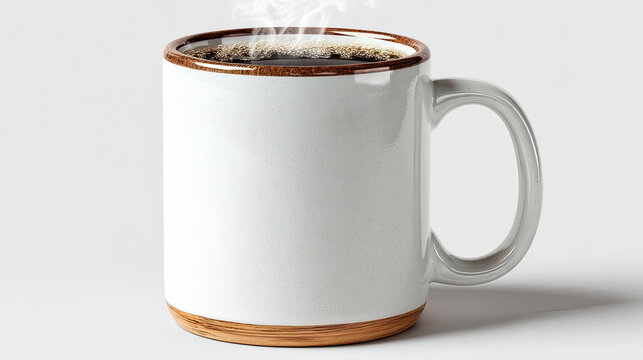 Steaming Coffee in a White Mug with Brown Trim.