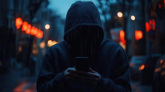A hooded figure standing in a rainy dark city street at night, face hidden while holding a smartphone under neon bokeh lights, evoking mystery, isolation and tension