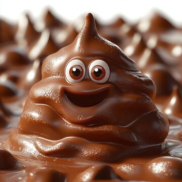 happy smiling chocolate swirl mound with large eyes and glossy melted surface surrounded by similar chocolate peaks