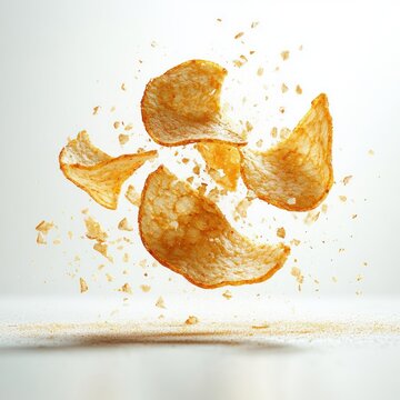 crispy potato chips suspended midair with flying crumbs and broken pieces on bright white background, dynamic crunchy burst conveying energy and appetite