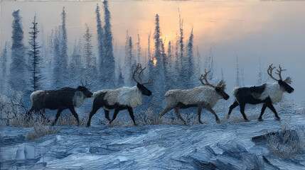 Obraz premium Majestic Reindeer Herd in Snowy Winter Forest at Sunset Oil Painting Style