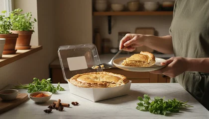Couple serving a flaky chicken tikka pie in a warm kitchen © QuoDesign
