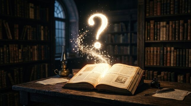A glowing question mark appears to materialize from an open antique book resting on a wooden desk within a dimly lit library.