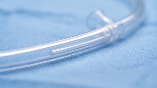 Close up macro view of a clear medical endotracheal tube on a sterile blue surgical drape background