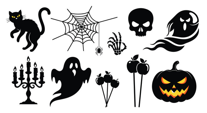 Halloween black silhouette icons set featuring a spooky cat, spider web, skull, ghosts, candelabra, candied apples, and jack o lantern.