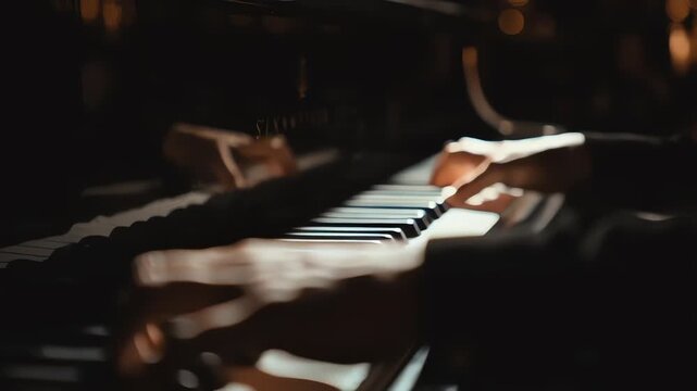 Pianist Hands Skillfully Playing Grand Piano in Warm Spotlight