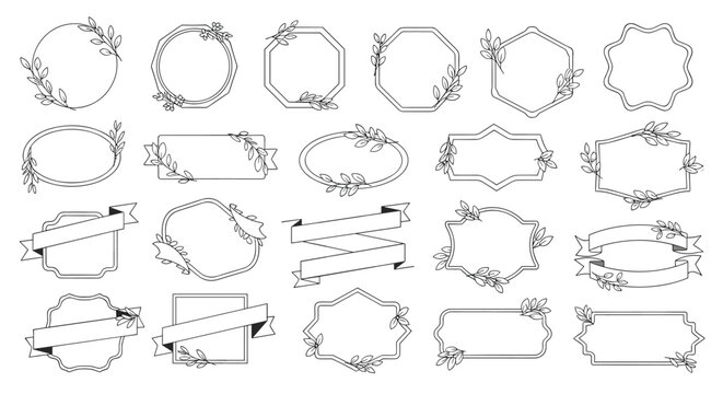 Decorative hand drawn frame and ribbon collection with delicate leaf ornaments in various shapes including circles and hexagons.
