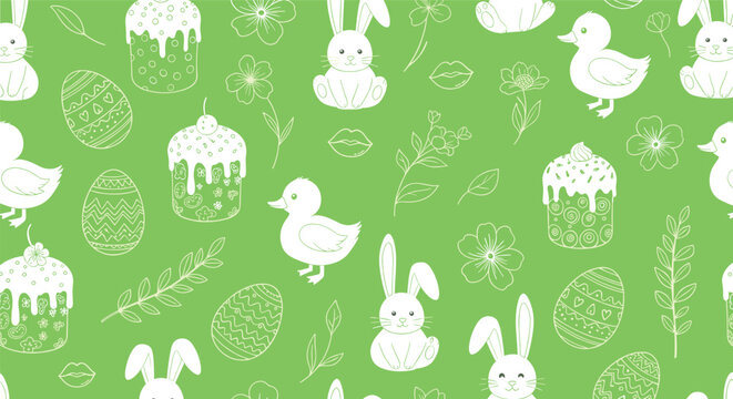 Easter themed seamless pattern with white line art illustrations of bunnies, ducks, eggs, and cakes on a green background.