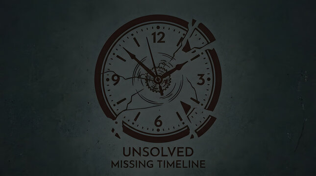 Broken clock face, unsolved mystery, missing timeline concept, puzzle piece