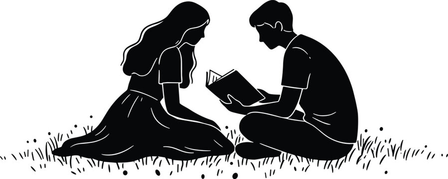 Minimalist silhouette of young couple reading together on grass, romantic bonding, peaceful outdoor learning moment, black and white vector illustration