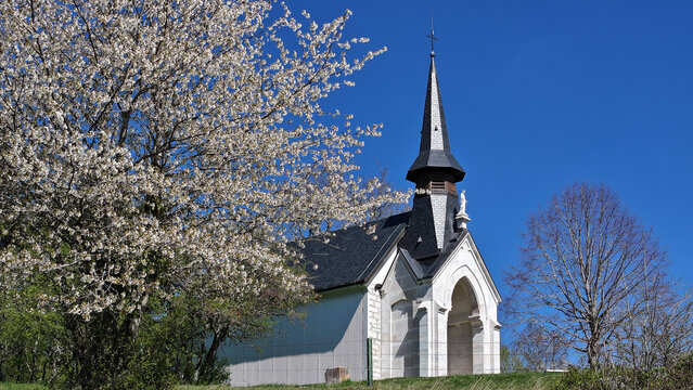 Aerial view of the Chapelle Notre-Dame de Riantmont with a blossoming cherry tree under a clear blue sky in Vesancy, Auvergne-Rhone-Alpes, France.
