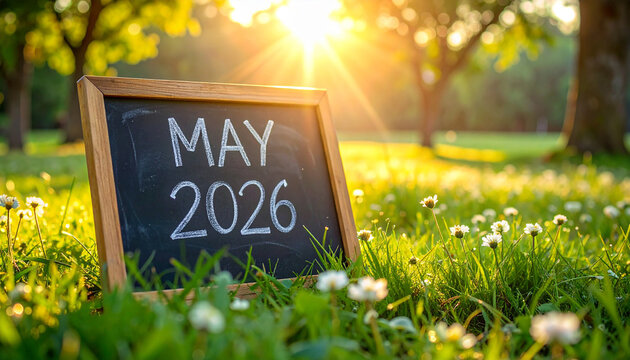 Chalkboard with text MAY 2026 on lush vibrant green park lawn, beautiful natural chalk lettering, spring season, month, fresh and joyful park