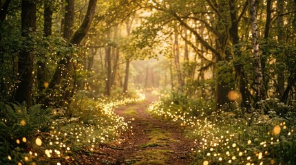 Obraz premium Sunlight streams through a dense forest path, illuminating a mossy trail with sparkling lights.
