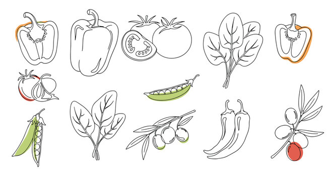 Minimalist line art of various vegetables including bell peppers, tomatoes, spinach, peas, olives, and chili peppers with soft color accents.