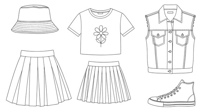 Black and white outline sketches of trendy women clothing including a bucket hat crop top denim vest pleated skirts and sneaker.
