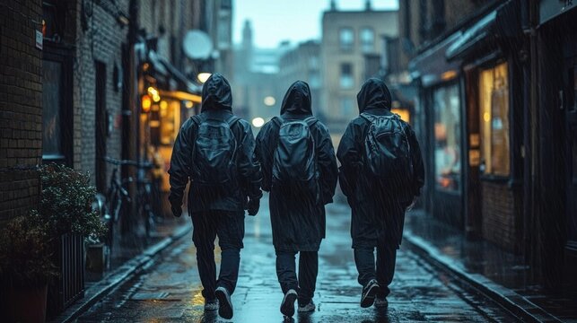 Three hooded figures with backpacks walking down a wet urban alley in the rain, warm shop lights and reflections on pavement, moody mysterious evening with quiet camaraderie